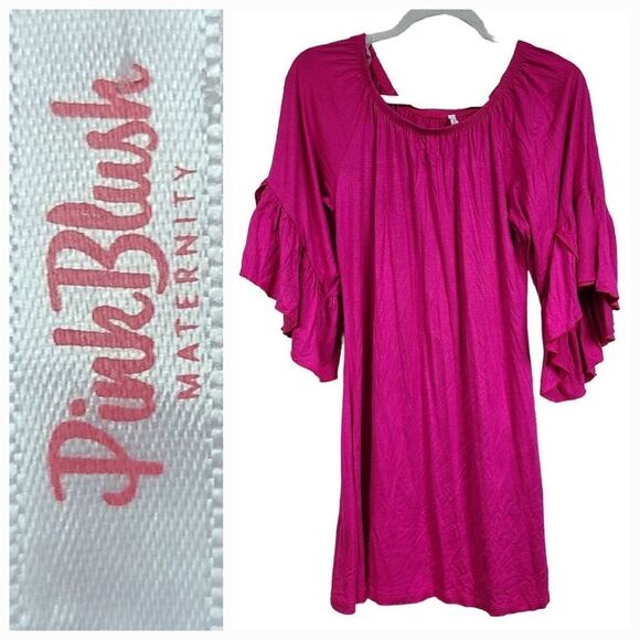 PinkBlush Maternity Hot Pink Tunic Top Off-Shoulder Ruffle Sleeve Jersey Knit - Picture 1 of 8